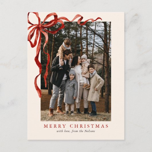 Elegante Waterverf rode boog kerstfoto Feestdagenkaart (Voorkant)