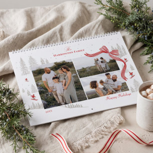 Elegante Waterverf Rode Boog Noordse Kerst Foto Kalender