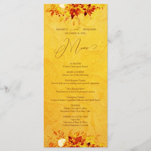 Elegante Waterverf rode en gouden poinsettia bruil Menu (Voorkant)