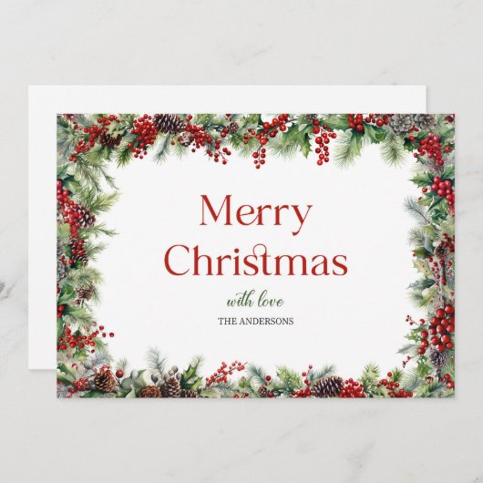 Elegante waterverf rode hulstbessen en groen feestdagenkaart (Voorkant / Achterkant)