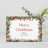 Elegante waterverf rode hulstbessen en groen feestdagenkaart (Staand voorkant)