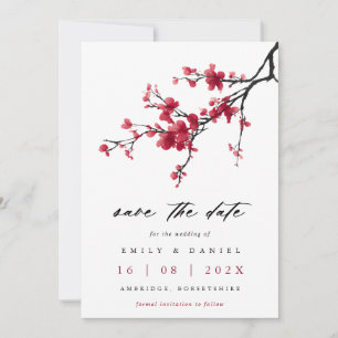 Elegante Waterverf Rode Kersenbloesem Bruiloft Save The Date