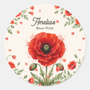 Elegante waterverf rode klaproos symmetrisch monog ronde sticker