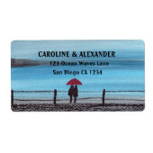 Elegante Waterverf Rode Paraplu Koppel Trouw  Etiket (Voorkant)