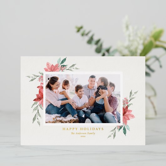 Elegante Waterverf Rode Poinsettia Foto Folie Feestdagenkaart (Staand Voorkant)