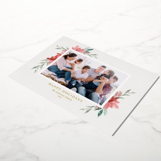 Elegante Waterverf Rode Poinsettia Foto Folie Feestdagenkaart (Gedraaid)