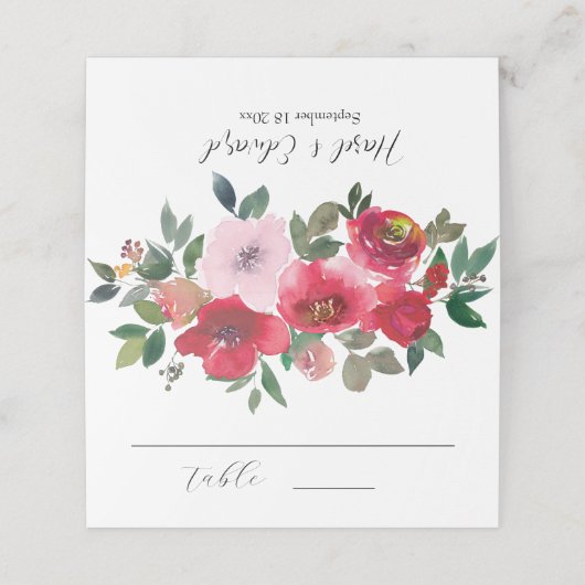 Elegante Waterverf Rode roos Bloemenbruiloft Plaatskaartje (Buitenkant ongevouwen)