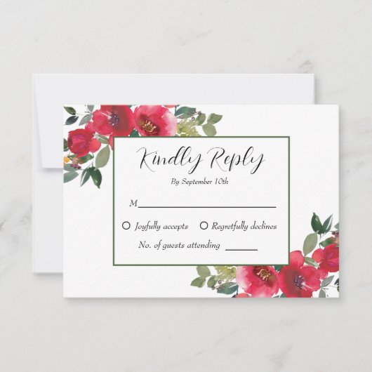 Elegante Waterverf Rode Roos Bloemige Bruiloft RSVP Kaartje (Voorkant)