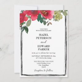 Elegante Waterverf Rode Rose Bloemen Bruiloft Kaart