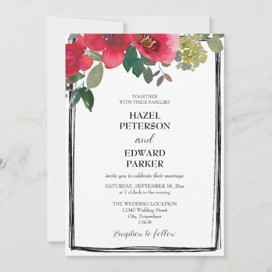 Elegante Waterverf Rode Rose Bloemen Bruiloft Kaart (Voorkant)