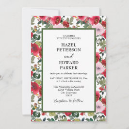 Elegante Waterverf Rode Rose Bloemen Bruiloft Kaart