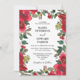 Elegante Waterverf Rode Rose Bloemen Bruiloft Kaart