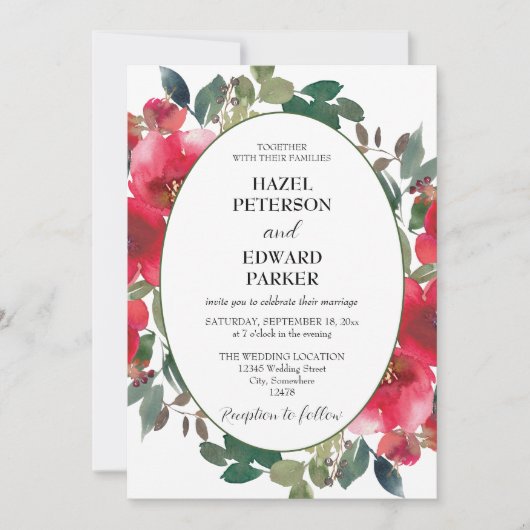 Elegante Waterverf Rode Rose Bloemen Bruiloft Kaart (Voorkant)