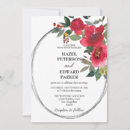 Elegante Waterverf Rode Rose Bloemen Bruiloft Kaart