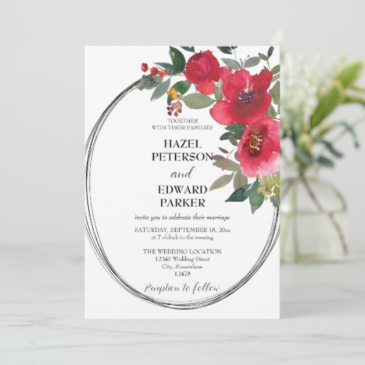 Elegante Waterverf Rode Rose Bloemen Bruiloft Kaart (Staand voorkant)