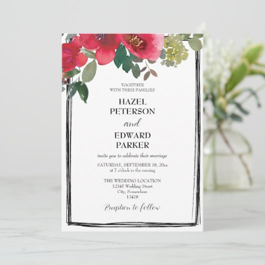 Elegante Waterverf Rode Rose Bloemen Bruiloft Kaart (Staand voorkant)