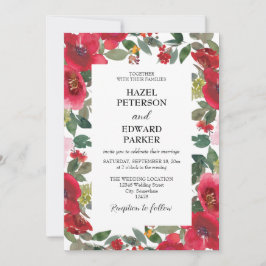 Elegante Waterverf Rode Rose Bloemen Bruiloft Kaart