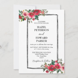 Elegante Waterverf Rode Rose Bloemen Bruiloft Kaart