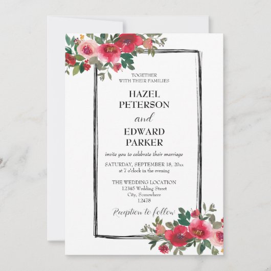 Elegante Waterverf Rode Rose Bloemen Bruiloft Kaart (Voorkant)