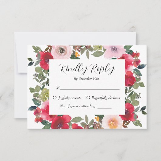 Elegante Waterverf Rode Rose Bloemen Bruiloft RSVP Kaartje (Voorkant)