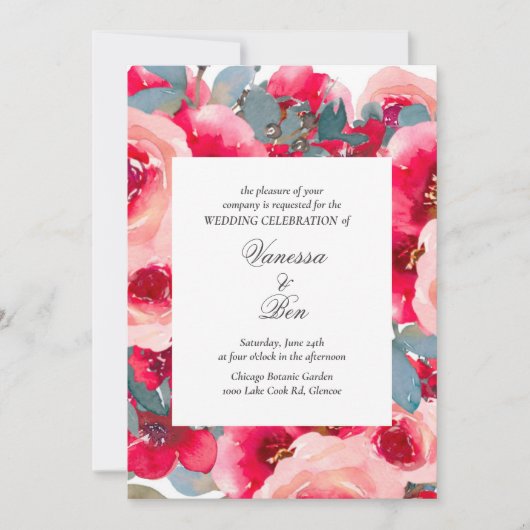 Elegante Waterverf rode rozen bruiloft uitnodiging (Voorkant)