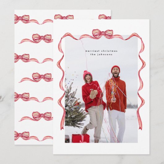 Elegante waterverf rode strik Kerst Foto Vakantie Feestdagenkaart (Voorkant / Achterkant)