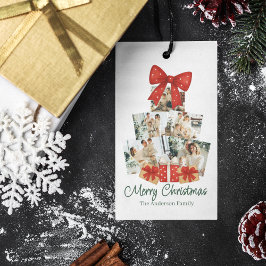 Elegante Waterverf Rode Strik Kerstboom Familie Cadeaulabel