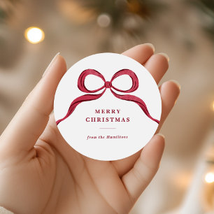 Elegante waterverf rode strik vrolijk kerstfeest ronde sticker