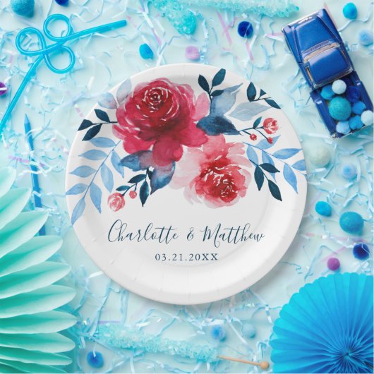 Elegante Waterverf Rood Blauw Bloemen Bruiloft Papieren Bordje (Feest)