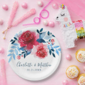 Elegante Waterverf Rood Blauw Bloemen Bruiloft Papieren Bordje (Feest)