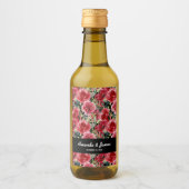 Elegante Waterverf Rood Bloemen Zwart Bruiloft Min Wijn Etiket (Voorkant)