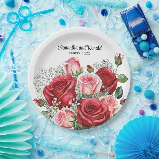 Elegante Waterverf Rood en Roze Rozen Bruiloft Papieren Bordje (Feest)