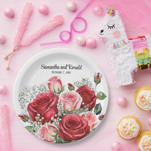 Elegante Waterverf Rood en Roze Rozen Bruiloft Papieren Bordje (Feest)