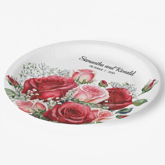 Elegante Waterverf Rood en Roze Rozen Bruiloft Papieren Bordje (Gekanteld)
