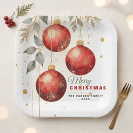 Elegante waterverf rood gouden kerstornament papieren bordje
