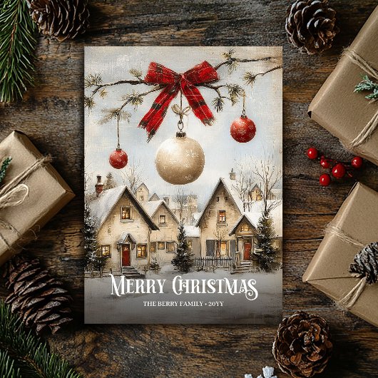 Elegante waterverf rood-witte kerstscène kaart