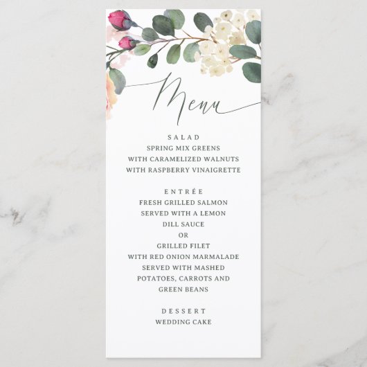 Elegante Waterverf Roos en groen. bloemenbruiloft Menu (Voorkant)