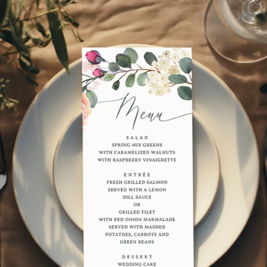Elegante waterverf roos & groen. Bloemige bruiloft Menu