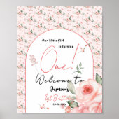 Elegante Waterverf Roos Meisje 1e Verjaardag Welko Poster (Voorkant)