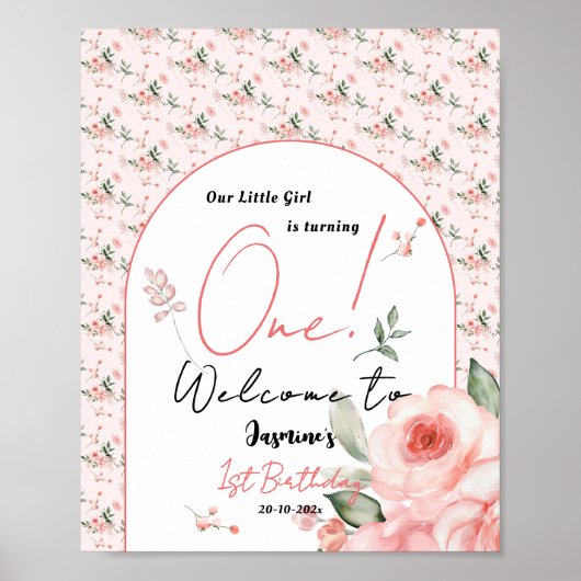 Elegante Waterverf Roos Meisje 1e Verjaardag Welko Poster (Voorkant)