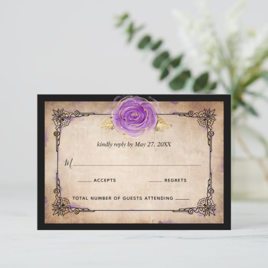 Elegante Waterverf Roos rustieke gouden Paarse bru RSVP Kaartje (Staand voorkant)