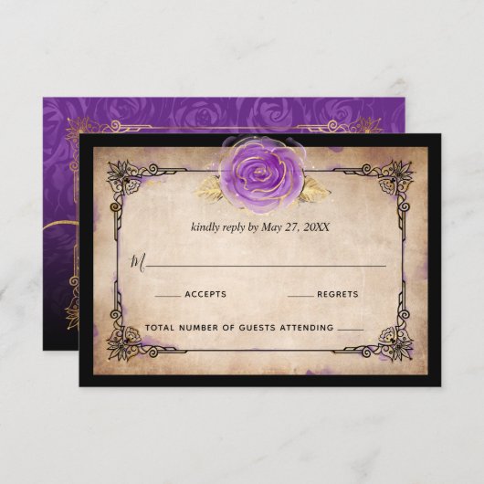 Elegante Waterverf Roos rustieke gouden Paarse bru RSVP Kaartje (Voorkant / Achterkant)