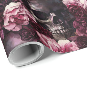 Elegante Waterverf Roos Schedel Halloween Cadeaupapier
