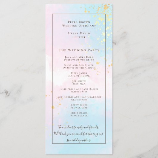 Elegante Waterverf Roze Blauwgroen Goud Confetti B Programmakaart (Achterkant)