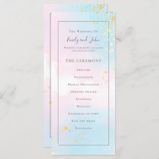 Elegante Waterverf Roze Blauwgroen Goud Confetti B Programmakaart (Voorkant / Achterkant)