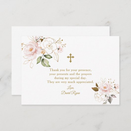 Elegante Waterverf Roze Bloem Gouden Doop Bedankkaart (Voorkant / Achterkant)