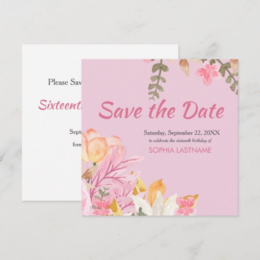 Elegante Waterverf Roze Bloem Save The Date (Voorkant / Achterkant)