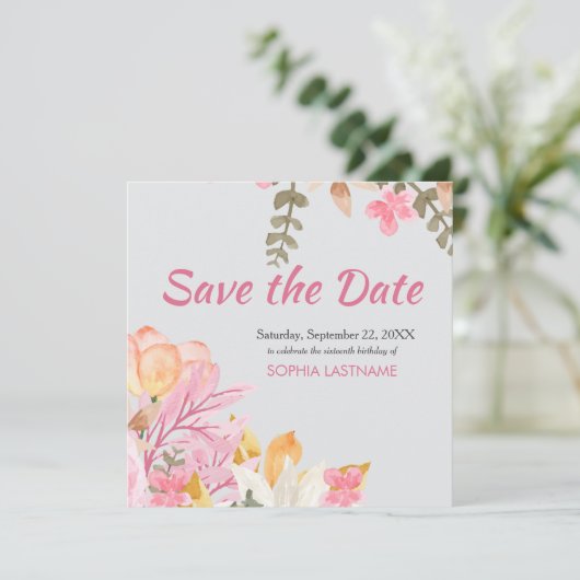 Elegante Waterverf Roze Bloem Save The Date (Staand voorkant)