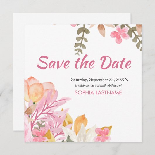 Elegante Waterverf Roze Bloem Save The Date (Voorkant / Achterkant)