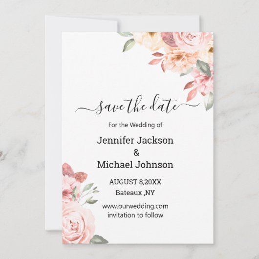 Elegante waterverf Roze Bloemen Bewaar de datumkaa Notitiekaartje (Voorkant)